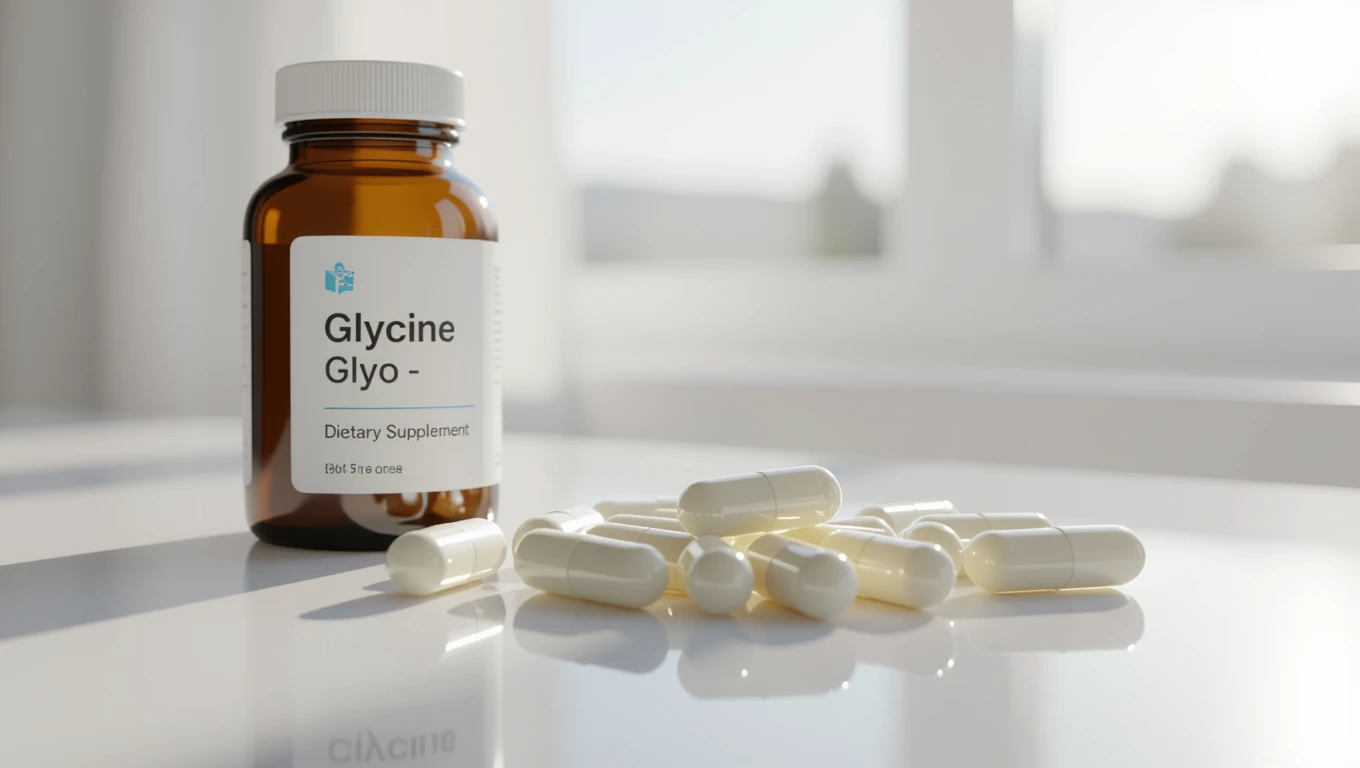 Egy üveg glicin étrend-kiegészítő és fehér kapszulák az asztalon.