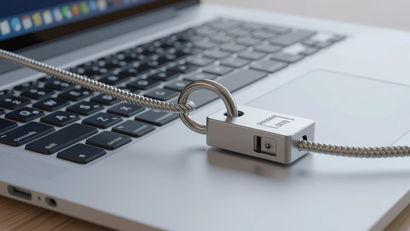 Egy Kensington zár rögzítve egy laptophoz, amely védi az eszközt a lopástól.